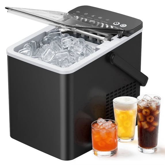 SIMZLIFE Countertop Ice Maker with Portable Handle, 26lbs/24H, 9 Cubes Ready in 6 Mins, Self-Cleaning, Compact Ice Machine with Basket & Scoop, Black