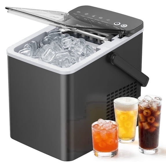 SIMZLIFE Countertop Ice Maker with Portable Handle, 26lbs/24H, 9 Cubes Ready in 6 Mins, Self-Cleaning, Compact Ice Machine with Basket & Scoop, Grey