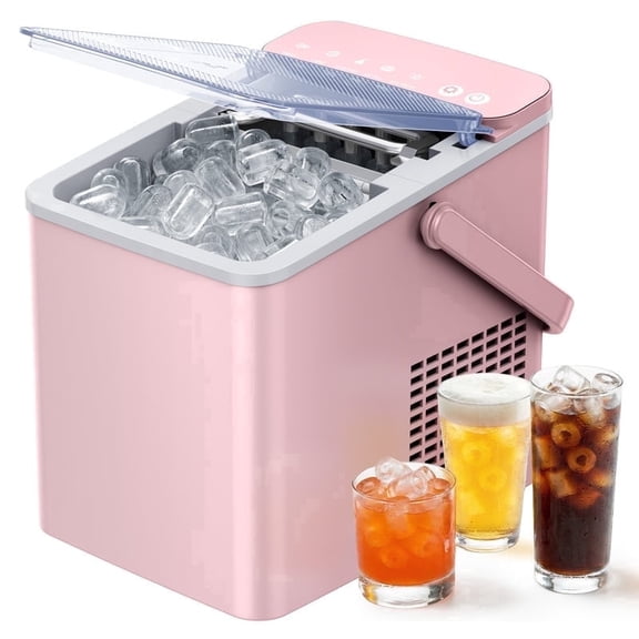 SIMZLIFE Countertop Ice Maker with Portable Handle, 26lbs/24H, 9 Cubes Ready in 6 Mins, Self-Cleaning, Compact Ice Machine with Basket & Scoop, Pink