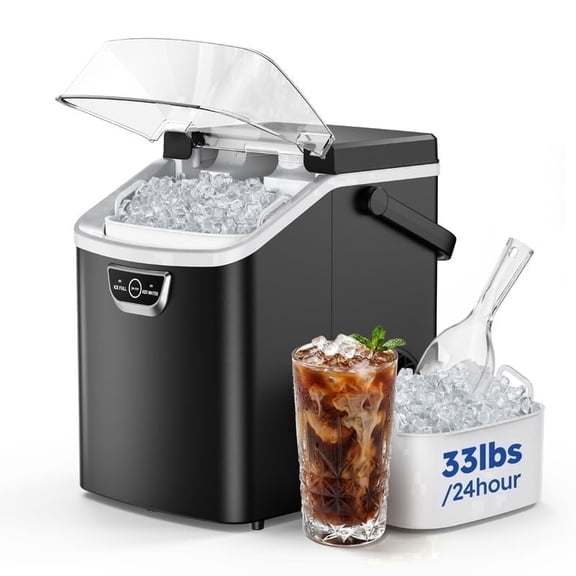 SIMZLIFE Countertop Nugget Ice Maker 33Lbs/24H, 5-Min Ice Cycle, Self-Cleaning, Portable Ice Machine with Basket & Scoop, Black