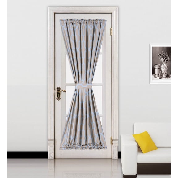 (SINA) TEAL-WHITE 1 Mix Color GEOMETRIC French Door Foam Backing Insulated Thermal Blackout Rod Pocket Curtain Panel with Tieback 55"W x 72"L