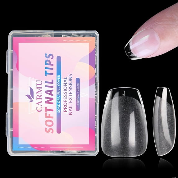 SINBEE Short Coffin Nail Tips Soft Gel Acrylic Nails Tips 240pcs Half Matte Full Cover Pre-shape False Gel x Nail Tips for Nail Extension Home DIY Nail Salon 12 Sizes Press on Clear Coffin Nail Tips