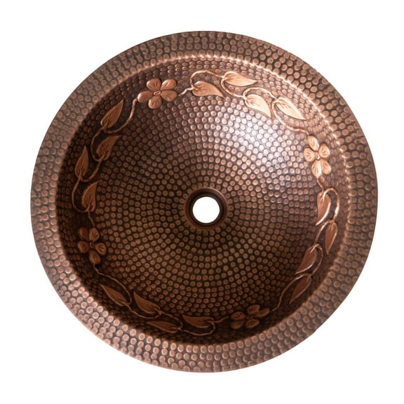 SINDA Antique Copper Round Bathroom Sink, 16 Gauge Thick, Hammered,Laurel Pattern, Drop-In or Undermount with Pop-Up Drain
