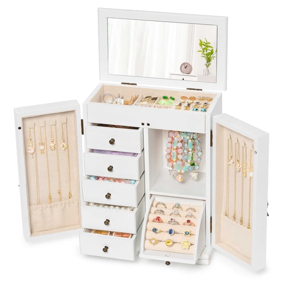SINGBLA Jewelry Box Organizer, Farmhouse Wooden Jewelry Boxes for Women Girls, 6 Layer Jewelry Case Storage with Bracelet Holder Display Hooks for Necklaces Earrings Rings Bracelets (Weathered White)