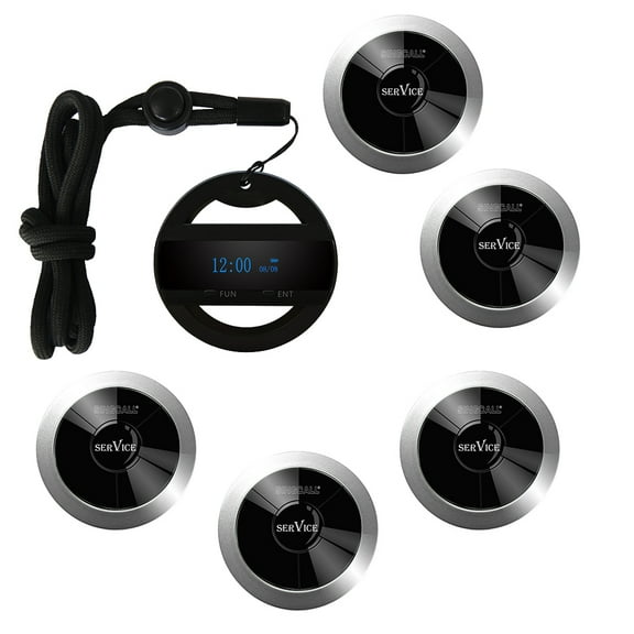SINGCALL Restaurant Calling System,Waterproof Button, Pack of 5 Pagers and 1 Mobile Receiver