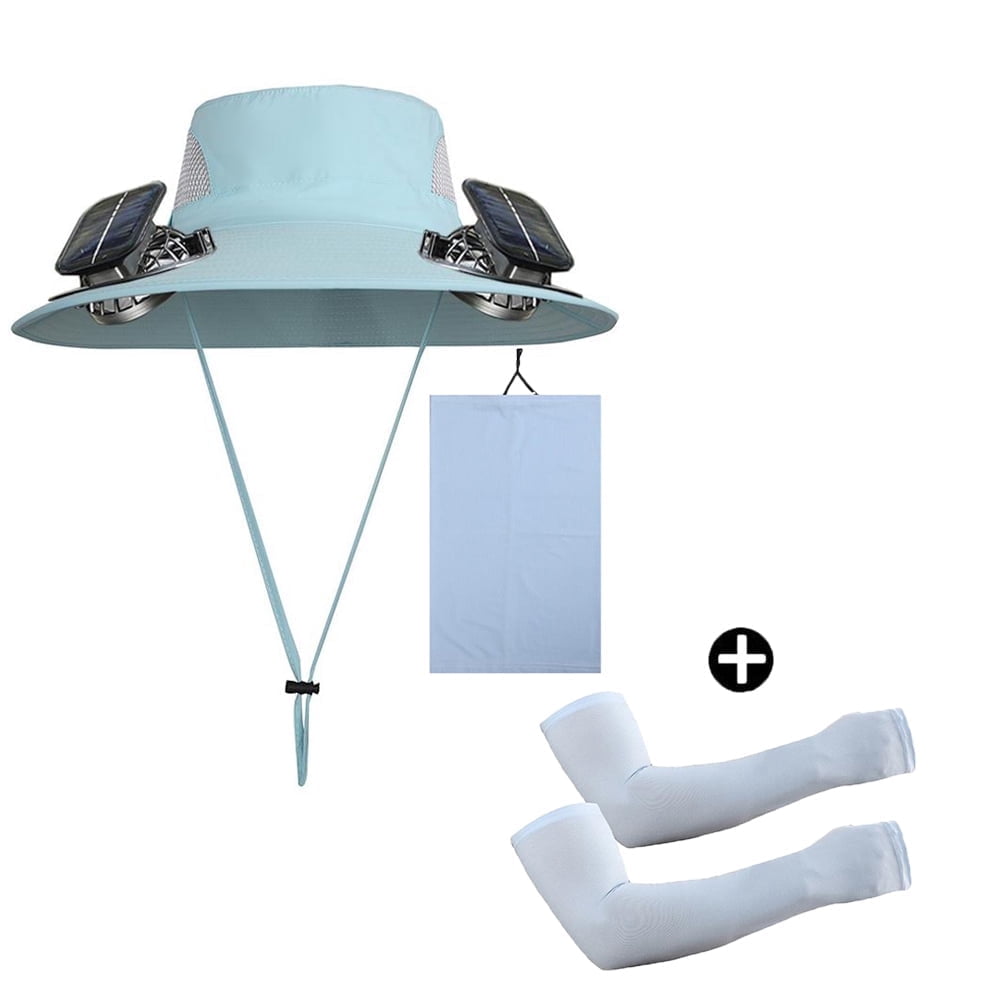SUKVPSI Sun Hat Set with Cooling Fan and UV Arm Sleeve, UV Protection Neck Gaiter and Mask, Sun Hat with two Solar Power Fans, Summer Outdoor Work Sports Cooling UV Protection Skin Cover