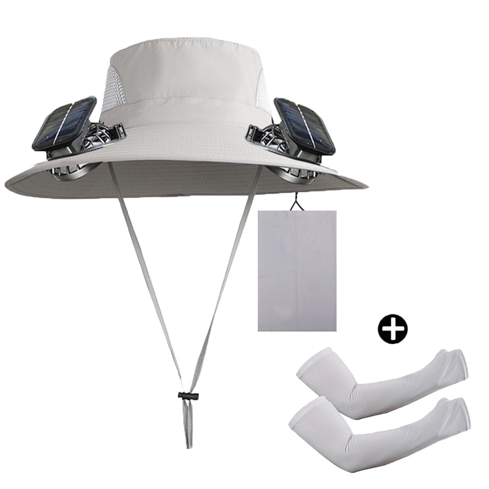 SUKVPSI Sun Hat Set with Cooling Fan and UV Arm Sleeve, UV Protection Neck Gaiter and Mask, Sun Hat with two Solar Power Fans, Summer Outdoor Work Sports Cooling UV Protection Skin Cover