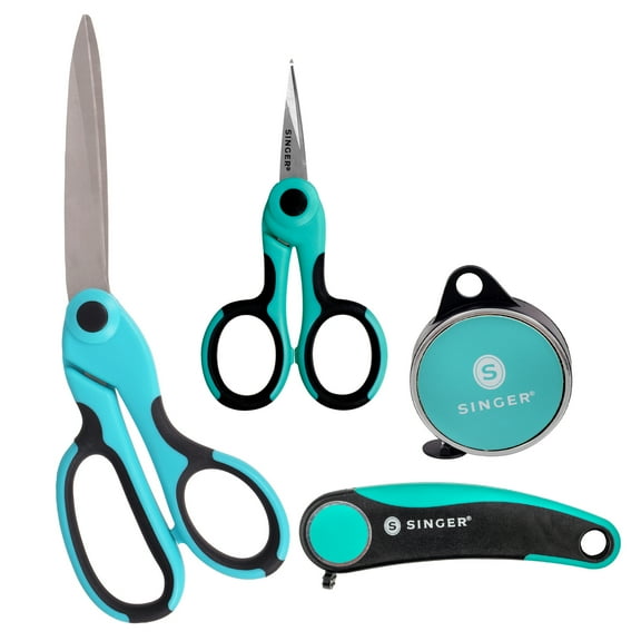 SINGER All Purpose 9.5” Heavy Duty Scissor, 4.5” Detail Scissor, Retractable Tape Measure, Folding Seam Ripper (4 PC Set)