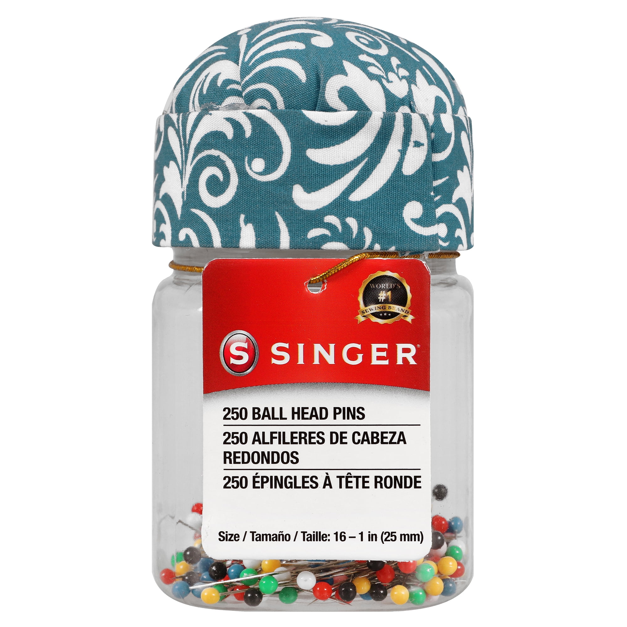 SINGER Ball Head Steel Straight Pins in Jar with Pincushion Top, 250 Count,  Assorted Colors