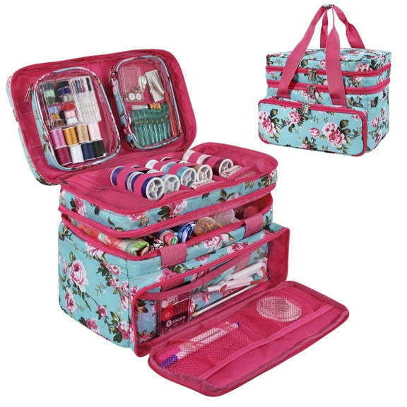 SINGER Double-Layer Sewing Accessories Organizer Bag with Detachable Pouches, Turquoise Floral