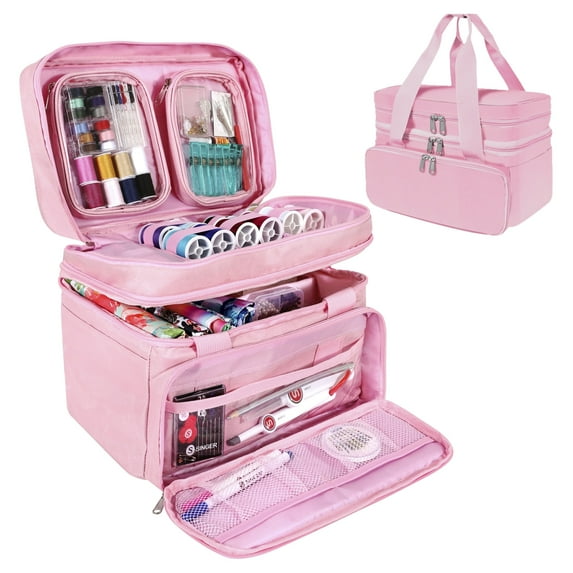 SINGER Double-Layer Sewing Accessories Organizer Bag with Detachable Pouches, Pink