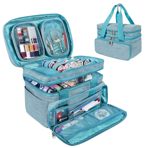 SINGER Double-Layer Sewing Accessories Organizer Bag with Detachable Pouches, Turquoise Floral