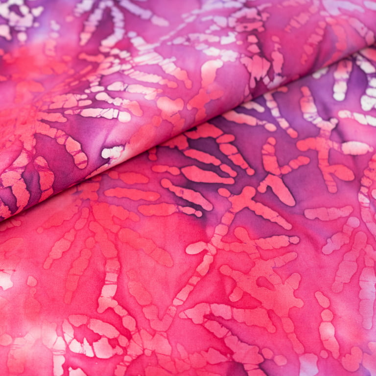 SINGER Fabric, 100% Cotton Print Batik, 3 Yards Cut, Pink and Purple Leaves