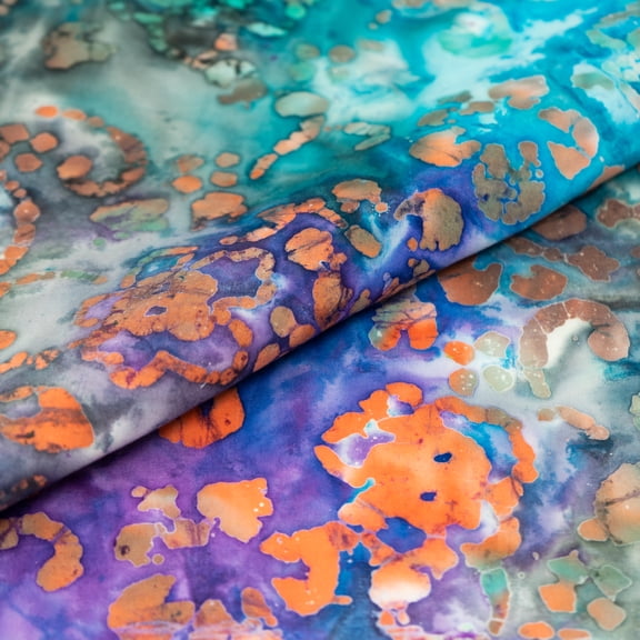 SINGER Fabric Batik 100% Cotton Print Blue and Purple Flower, 42 inch, Cut by the Yard