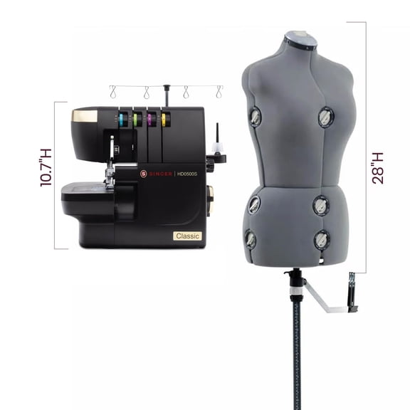 SINGER HD0500S Classic Black Serger & Grey Adjustable Dress Form (Medium/Large) Bundle Overlock Machine, Dressmaking Fitting Form