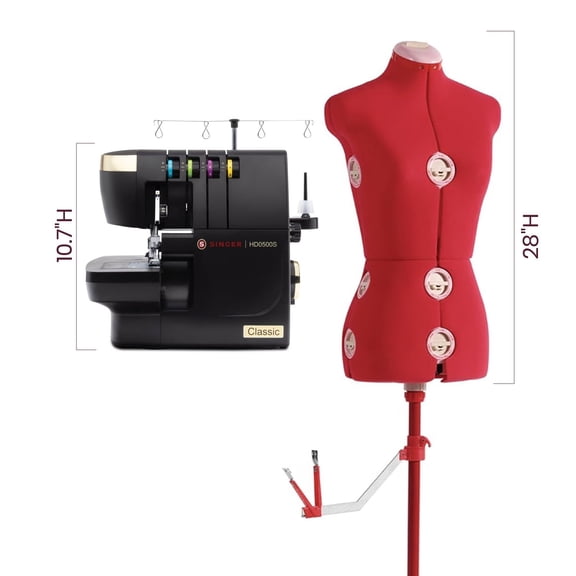 SINGER HD0500S Classic Black Serger & Red Adjustable Dress Form (Small/Medium) Bundle 2/3/4-Thread Overlock Machine, Dressmaking Fitting Form