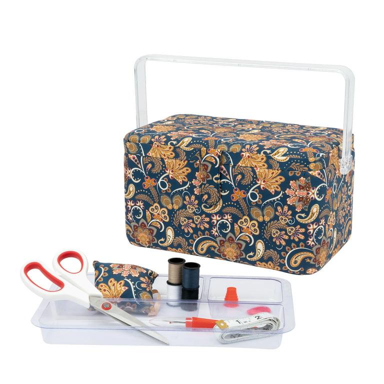 SINGER Large Premium Tackle Sewing Basket Navy Paisley Print with Notions  Sewing Kit and Matching Pin Cushion