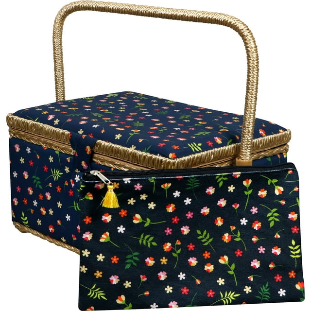 SINGER Large Sewing Basket Kit, Navy Blue Ditsy Floral Print, Travel