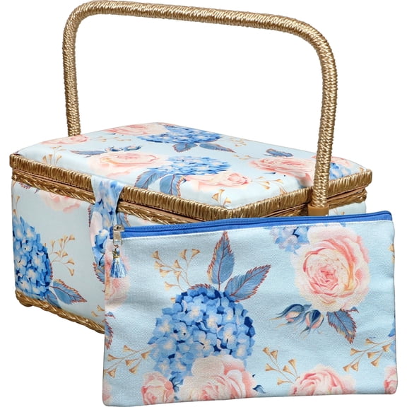 SINGER Large Sewing Basket with Zipper Pouch, Hydrangeas Print