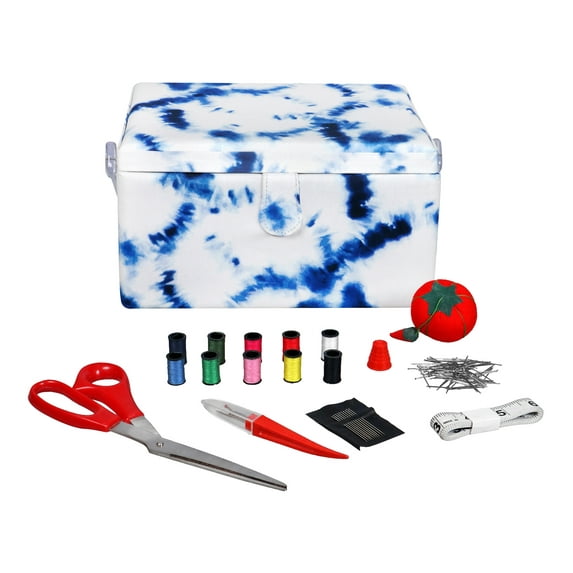 SINGER Large Sewing Basket with Sewing Notions Kit, Blue & White Tie Dye