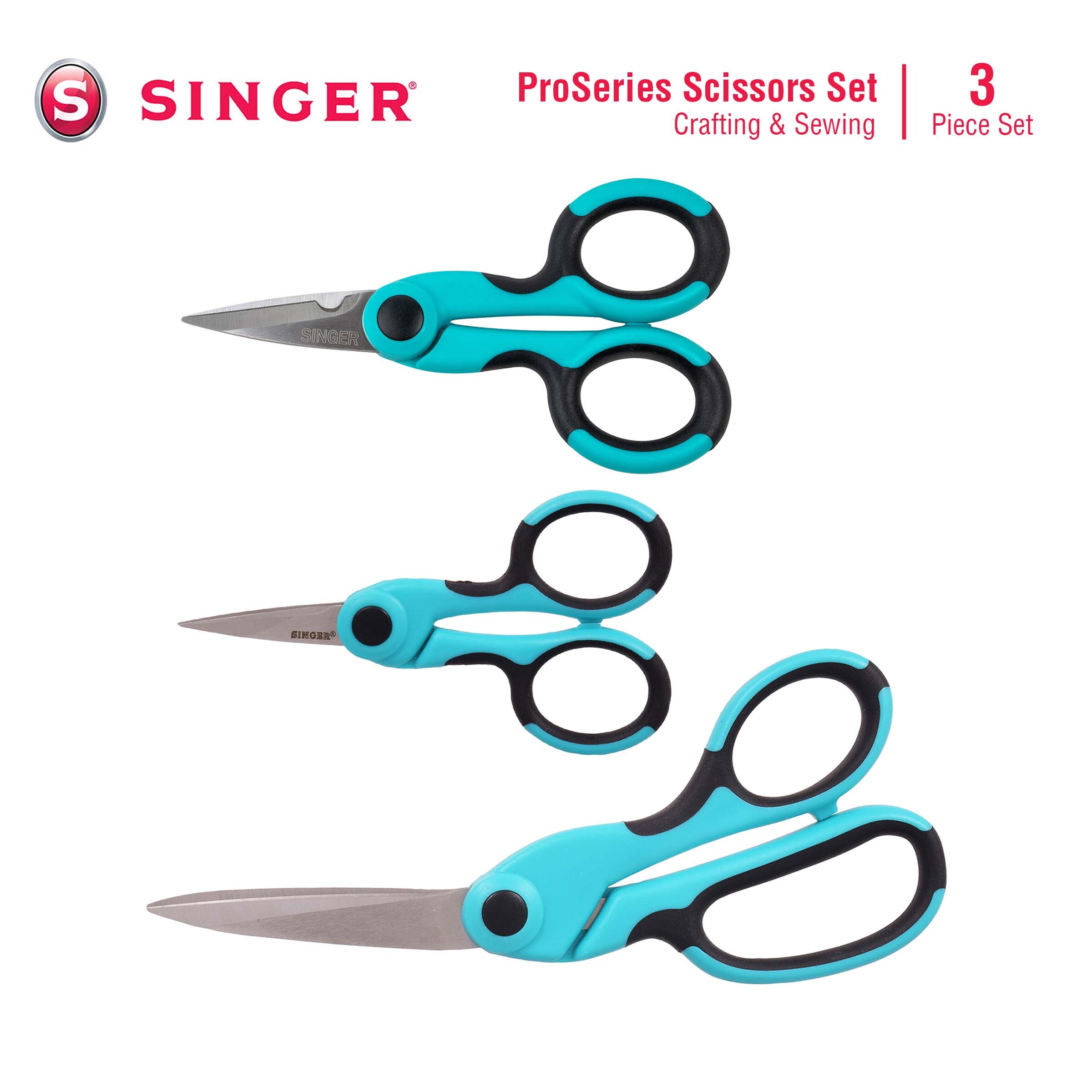 SINGER ProSeries Scissor Set, Heavy Duty Bent 8 1/2" Fabric Scissors, All Purpose 5 1/2" Craft Scissors, 4 1/2" Detail Scissors, Teal, Pack of 3 - image 1 of 19