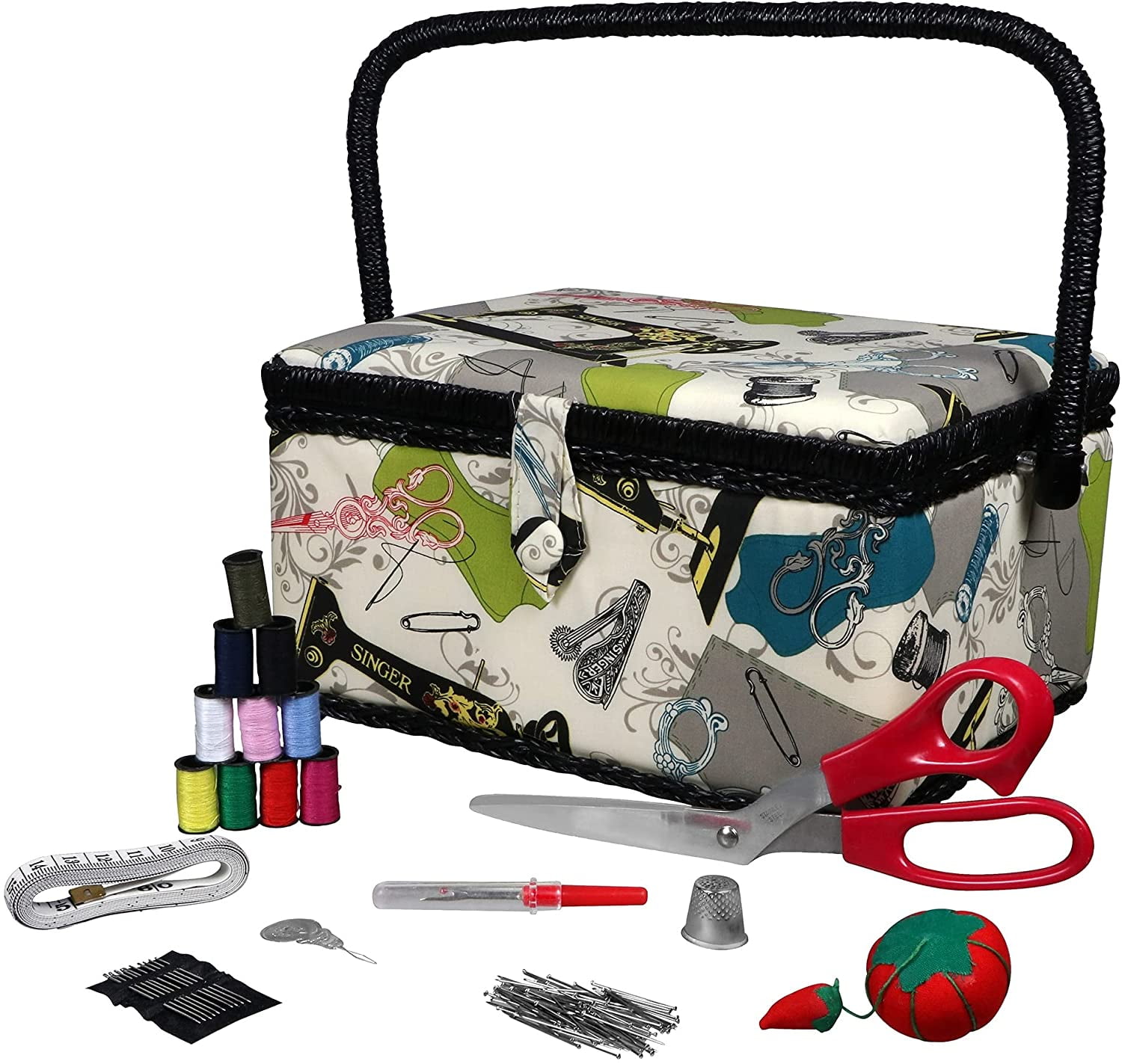 SINGER Vintage Print Large Sewing Basket Kit with Accessories