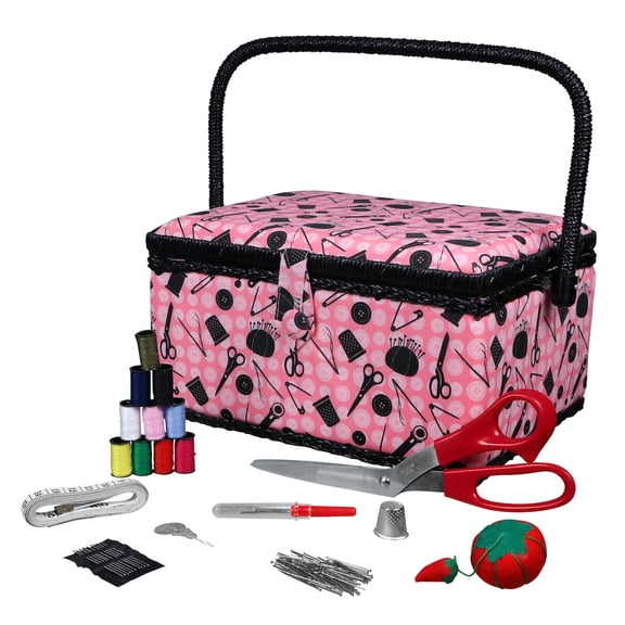 SINGER Sewing Basket in Pink Notions Print with 126 Piece Sewing Kit with Basic Notions