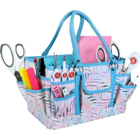 SINGER Sewing Storage Organizer Collapsible Tote Caddy, Craft Storage, Pastel Palm Leaf Print, 1 Count