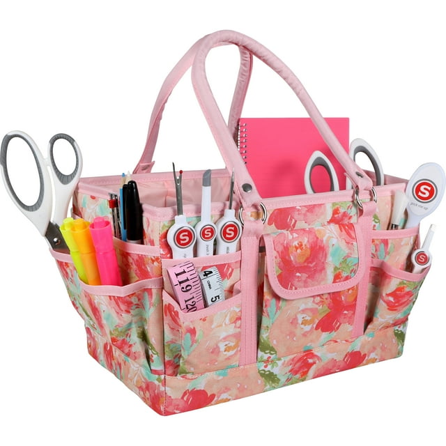 SINGER Sewing Storage Organizer Collapsible Tote Caddy, Craft Storage, Watercolor Floral Print, 1 Count