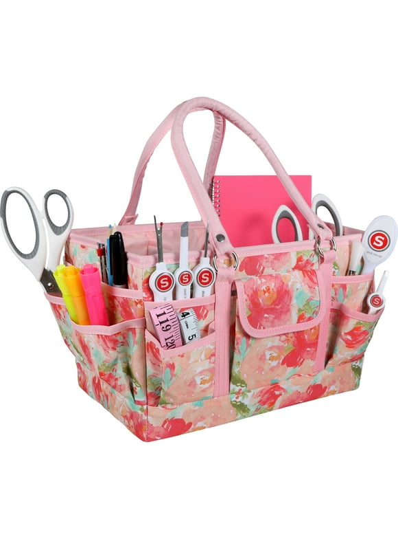 SINGER Sewing Storage Organizer Collapsible Tote Caddy, Craft Storage, Watercolor Floral Print, 1 Count
