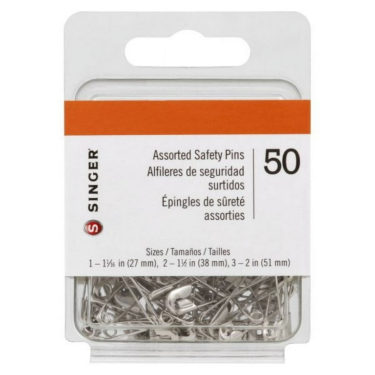 Singer Assorted Sewing Safety Pins, 50 Count, Sizes 1-2, Nickel