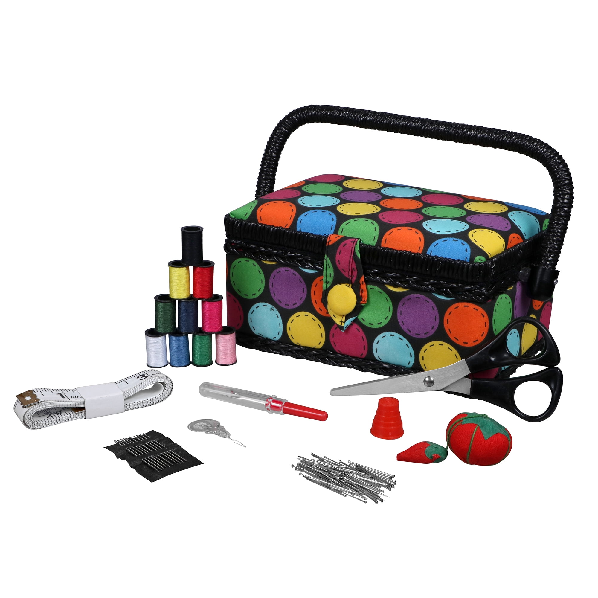 SINGER Small Sewing Basket Multi Bright Dots Print, Sewing Kit Storage and  Organizer, Multicolor 