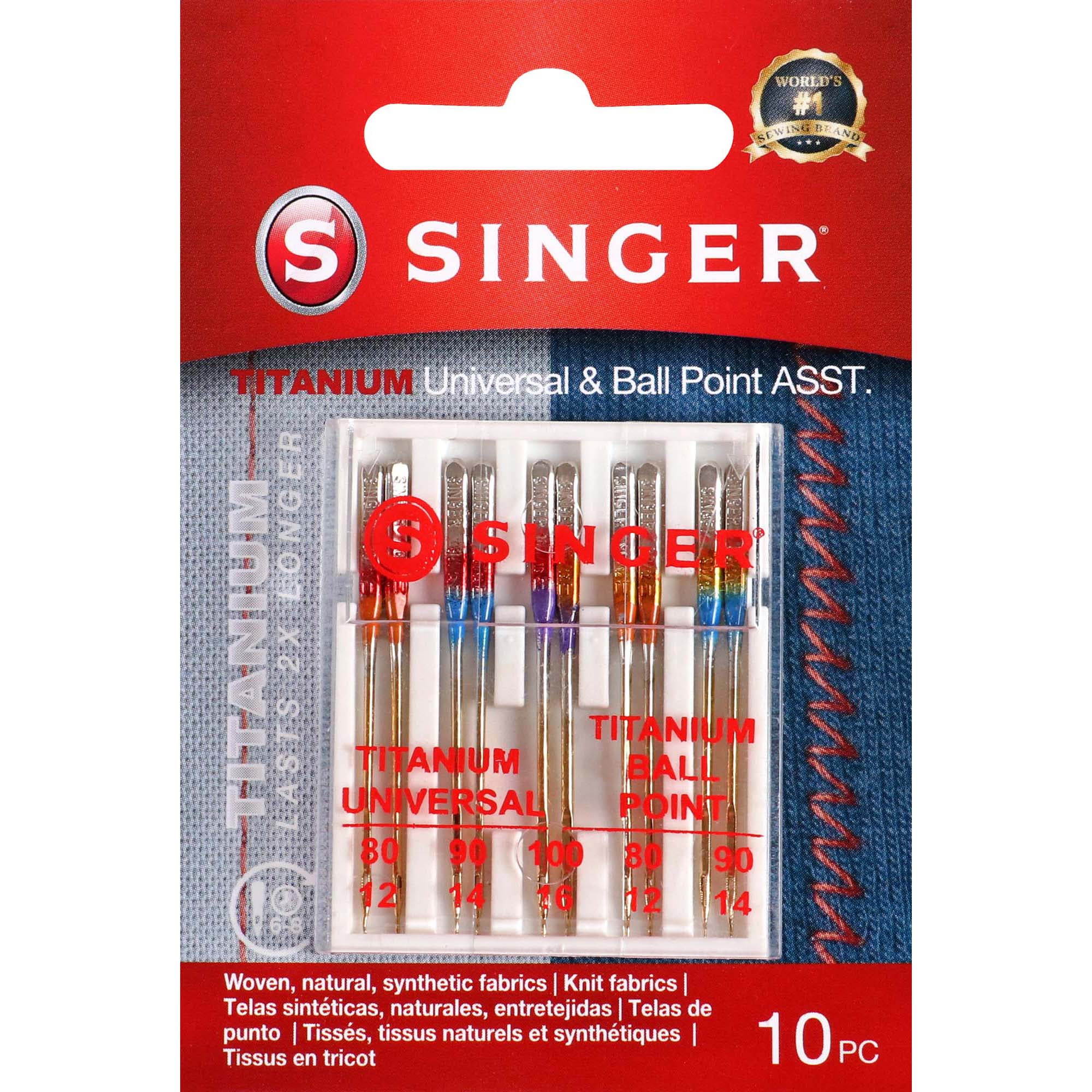 SINGER Universal Regular & Ball Point Titanium Sewing Machine Needles, Sizes 80/12, 90/14, 100/16 - 10 Count
