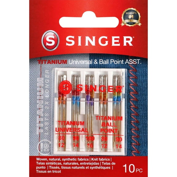 SINGER Universal Regular & Ball Point Titanium Sewing Machine Needles, Sizes 80/12, 90/14, 100/16 - 10 Count