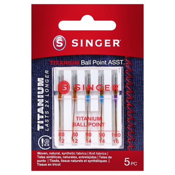 SINGER 5 count Ball Point Titanium Needles, sz: 80 (2), 90 (2), 100 (1)