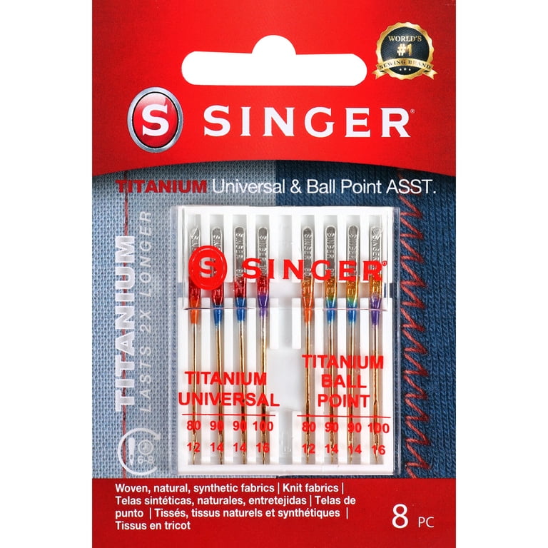 SINGER Universal Regular Point & Ball Point Titanium Sewing Machine Needles,  Size 80/12, 90/14, 100/16 - 8 Count 