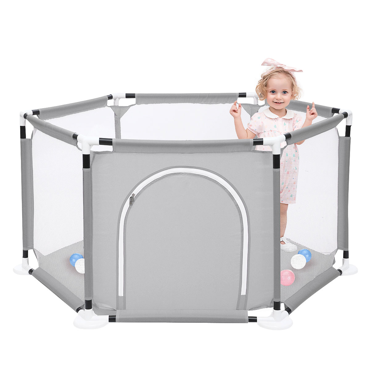 "SINGES Deluxe Portable Baby Playpen, 6-Panel Play Yard with Breathable Mesh & Zipper Door, Indoors or Outdoors Play Space Interactive  Fence for Babies Toddler Infant,Grey" - image 1 of 8