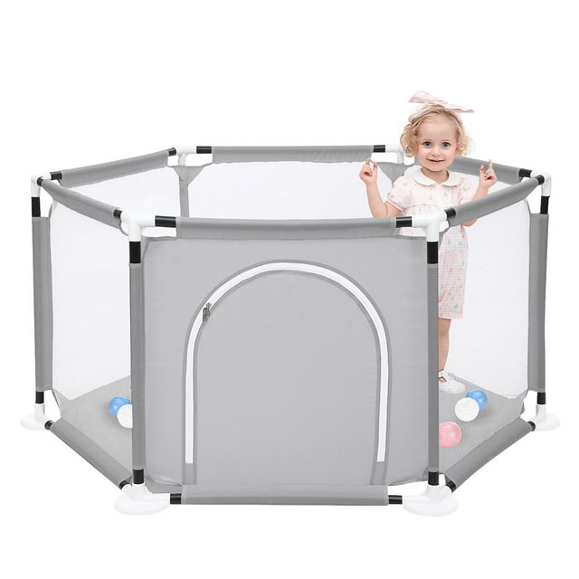 "SINGES Deluxe Portable Baby Playpen, 6-Panel Play Yard with Breathable Mesh & Zipper Door, Indoors or Outdoors Play Space Interactive  Fence for Babies Toddler Infant,Grey"