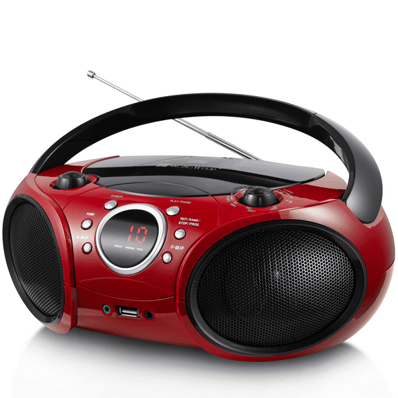 SINGING WOOD 030B Portable CD Player Boombox with Bluetooth for Home AM FM Stereo Radio, Aux Line in, Headphone Jack, Supported AC or Battery Powered (Firemist Red)