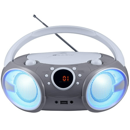singing wood Portable Bluetooth Radio CD Boombox with USB, AM/FM, AUX, Headset Jack, LED Light - Space Grey