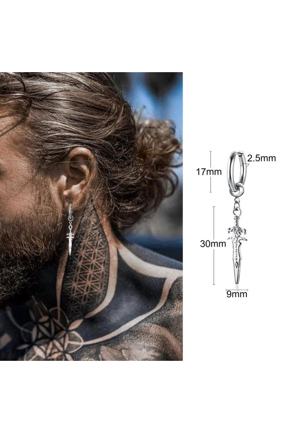 SINGLE SILVER COLOR DAGGER EARRING MEN 14K White Gold SWORD HUGGIE HOOPS EARRINGS COOL FASHION ROCK TATTOO MEN JEWELRY
