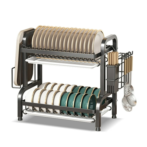 SINGOMON Dish Drying Rack, Kitchen Countertop Double-Layer Dish Drain Rack with Drain Tray and Cutlery Holder, Large Size, Black