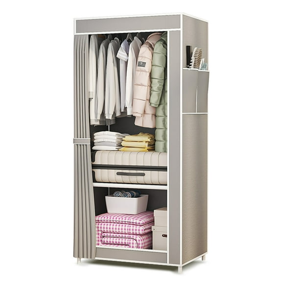 SINGOMON Portable Wardrobe with 2 Side Pockets, Compact Wardrobe Storage Rack, Gray