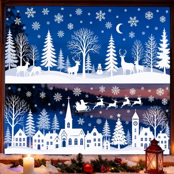SINKOO 108PCS Christmas Window Clings, Winter Street Scene Forest Trees Snowy Glass Door Decor, Window Decals Double-Sided Reusable Window Stickers for Xmas Holiday Home Party Glass