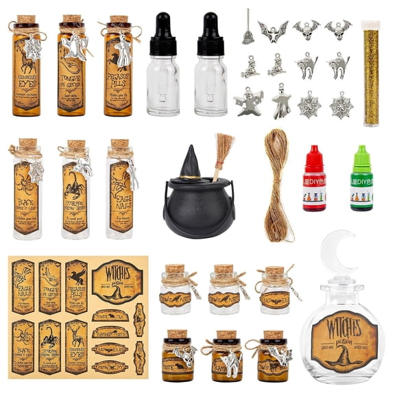 SINKOO 17PCS Mini Potion Bottles Halloween Decoration Indoor, Various Sizes Glass Potion Bottles with Corks and Labels, Halloween Tiered Tray Decorative Bottles