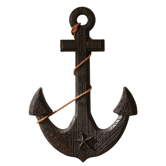 SINKOO 18" Nautical Wooden Anchor with Rope,Beach Style Retro Style Wall Art Decor Fishing Net Shell Fish Home Wall Decor Indoor Hanging Ornament Beach Theme Home Decoration(Drak Brown)