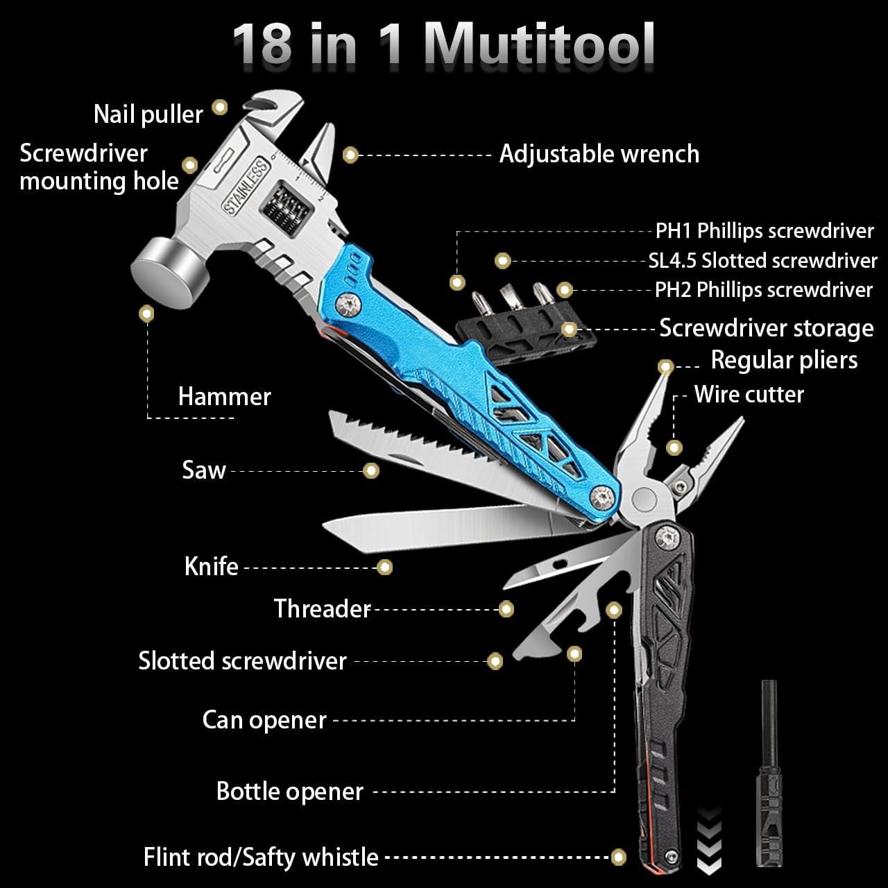 SINKOO 18-in-1 Camping Multitool Accessories Gifts for Men Dad, Upgraded Multi Tool Survival Gear with Hammer Pliers Saw Screwdrivers Bottle Opener Whistle And Portable Sheath For Hiking(Blue)