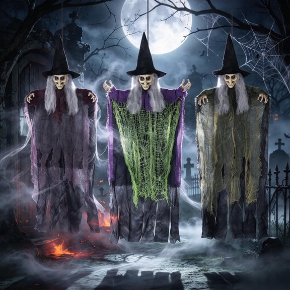 SINKOO 3 Pack Halloween Witch Decorations Outdoor, 31" Scary Flying Witch Sets, Spooky Hanging Ghost Decor for Home Outside Yard Garden Lawn Porch Haunted House