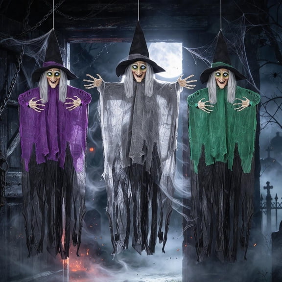 SINKOO 3 Pack 59" Hanging Witch Decor Halloween Decorations Outdoor, Scary Flying Witch Decor for Front Porch Decor Yard Garden Lawn Party Haunted House Props