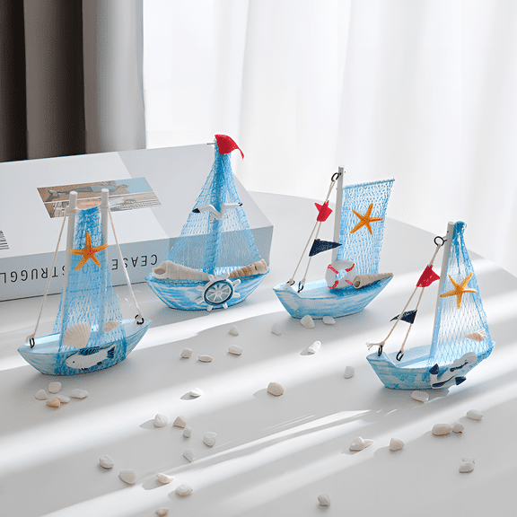 SINKOO 4Pcs Mini Sailboat Model Decoration,Handmade Wooden Beach Vintage Nautical Home Decor, Miniature Boat Decorations, & Coastal DecorHome Decor Set, Cake Ornament(blue)